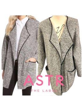 ASTR Salt & Pepper Grey Black Piping Open Front Pockets Cardigan Jacket (S)